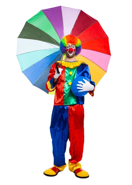 Fullständigt Porträtt Rolig Clown Med Ett Färgglatt Paraply — Stockfoto