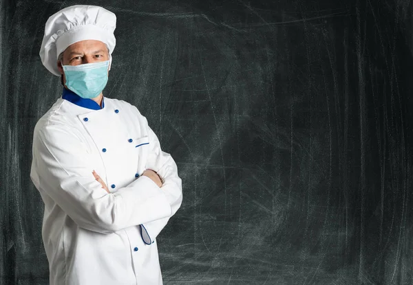 Chef Posing Blackboard Coronavirus Restaurant Concept — Stock Photo, Image