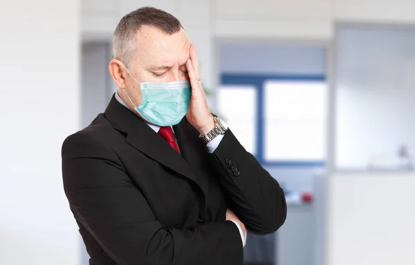 Senior Masked Stressed Businessman His Office — Stock Photo, Image