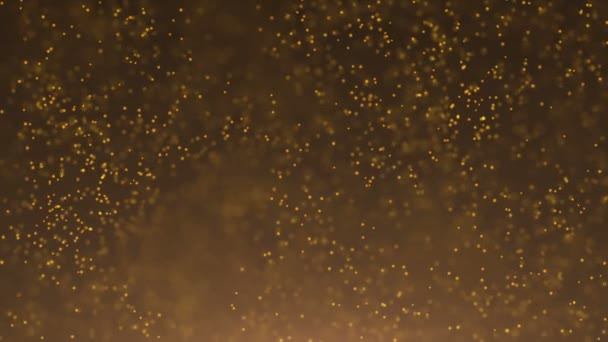 Goldpartikel. natürliche schwebende organische Teilchen auf schönem Hintergrund. Glitzerpartikel mit Bokeh. Zeitlupe. — Stockvideo