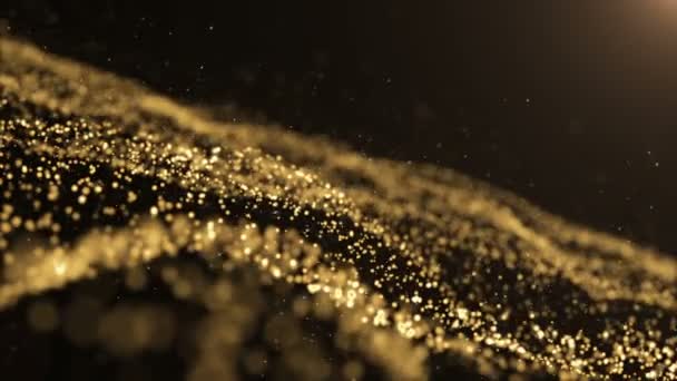 Goldpartikel. natürliche schwimmende organische Teilchen auf herrlich entspanntem Hintergrund. Glitzerpartikel mit Bokeh. Zeitlupe. — Stockvideo