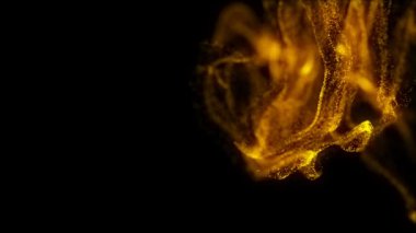 Titrek altın parçacıkları, parçacıkların rastgele hareketleri. Güzel, rahatlatıcı arka plan. Hacimli ışıkta Bokeh ile Parıldayan Parçacıklar