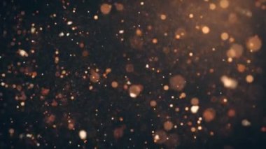 Toz parçacıkları, parçacıkların rastgele hareketi. Güzel, rahatlatıcı arka plan. Hacimli ışıkta Bokeh ile Parıldayan Parçacıklar