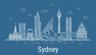 Sydney City, tüm ünlü kuleleri olan Çizgi Sanat Vektörü illüstrasyonu. Showplace, gökdelenler ve otelleri olan doğrusal bayrak. Modern binaların kompozisyonu, şehir manzarası. Sydney binaları kuruldu.
