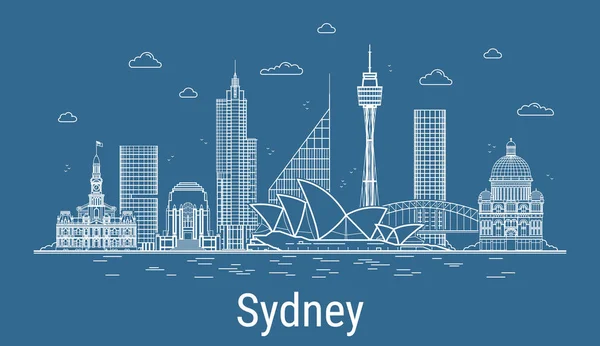 Sydney City, tüm ünlü kuleleri olan Çizgi Sanat Vektörü illüstrasyonu. Showplace, gökdelenler ve otelleri olan doğrusal bayrak. Modern binaların kompozisyonu, şehir manzarası. Sydney binaları kuruldu.
