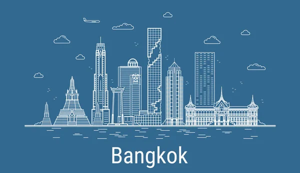 Bangkok City Line Art Ilustración Vectorial Con Todos Los Edificios — Vector de stock