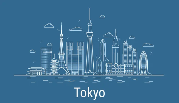 Tokyo City Line Art Vector Ilustración Con Todas Las Torres — Vector de stock