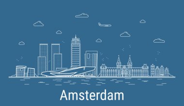 Amsterdam şehri, tüm ünlü kuleleri olan Line Art Vector illüstrasyonu. Showplace ile Linear Banner. Modern binaların kompozisyonu, şehir manzarası. Amsterdam binaları kuruldu.