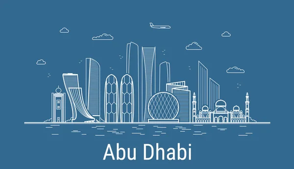 Abu Dhabi Ciudad Línea Arte Vector Ilustración Con Todos Los — Vector de stock