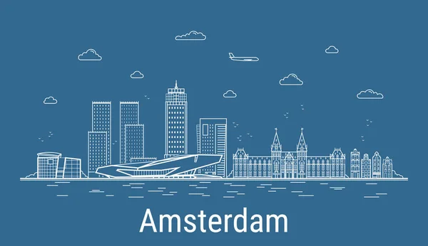 Amsterdam City Line Art Ilustración Vectorial Con Todas Las Torres — Vector de stock