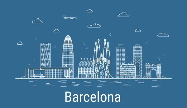 Barcelona City Line Art Vector Illustration All Famous Towers Linear — Stock Vector