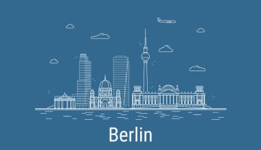 Berlin şehri, Çizgi Sanat Vektörü illüstrasyonunda tüm ünlü binalar. Showplace ile Linear Banner. Modern şehir manzarasının kompozisyonu. Berlin binaları kuruldu.