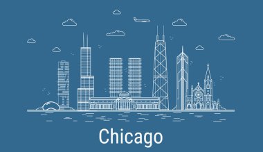 Chicago şehri, tüm ünlü kuleleri olan Line Art Vector illüstrasyonu. Showplace ile Linear Banner. Modern binaların kompozisyonu, şehir manzarası. Chicago binaları kuruldu.