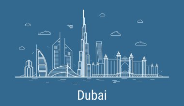 Tüm ünlü kuleleri olan Dubai şehir çizgisi sanat vektörü illüstrasyonu. Şehir manzarası.