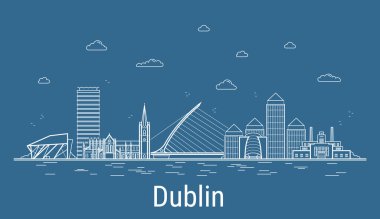 Dublin şehri, tüm ünlü kuleleri olan Çizgi Sanat Vektörü illüstrasyonu. Showplace ile Linear Banner. Modern binaların kompozisyonu, şehir manzarası. Dublin binaları kuruldu.