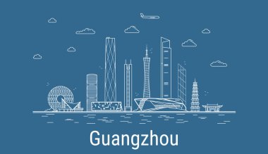 Guangzhou şehri, Çizgi Sanat Vektörü illüstrasyonu ve tüm ünlü binalar. Showplace ile Linear Banner. Modern şehir manzarasının kompozisyonu. Guangzhou binaları kuruldu..