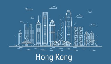 Hong Kong şehir çizgisi sanat vektörü. Tüm ünlü binaların resimleri. Şehir manzarası.
