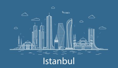 Tüm ünlü binalarla modern İstanbul şehir çizgisi sanat vektörü illüstrasyonu. Skyline.