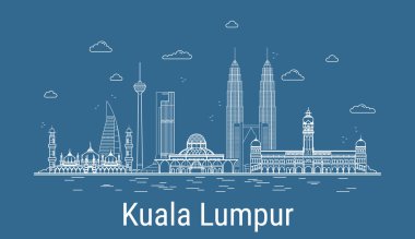 Kuala Lumpur şehri, tüm ünlü kuleleri olan Çizgi Sanat Vektörü illüstrasyonu. Showplace, gökdelenler ve otelleri olan doğrusal bayrak. Modern binaların kompozisyonu, şehir manzarası. Kuala Lumpur binaları kuruldu.