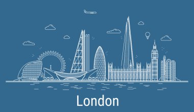 Londra 'nın tüm ünlü binalarıyla birlikte sanat eseri illüstrasyonu. Şehir manzarası.