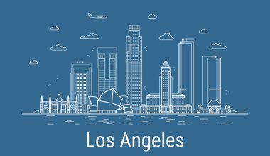 Los Angeles şehri, tüm ünlü binalarla birlikte Line Art Vector illüstrasyonu. Showplace ile Linear Banner. Modern şehir manzarasının kompozisyonu. Los Angeles binaları kuruldu.
