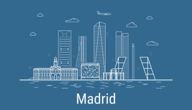 Madrid şehri, tüm ünlü binaların olduğu Line Art Vector illüstrasyonu. Showplace ile Linear Banner. Modern binaların kompozisyonu, şehir manzarası. Madrid binaları kuruldu.