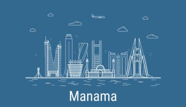 Manama şehri, tüm ünlü binalarla Çizgi Sanat Vektörü illüstrasyonu. Showplace ile Linear Banner. Modern şehir manzarasının kompozisyonu. Manama binaları kuruldu.