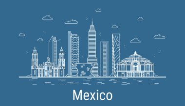 Mexico City, Tüm ünlü kuleleri olan Line Art Vector illüstrasyonu. Showplace, gökdelenler ve otelleri olan doğrusal bayrak. Modern binaların kompozisyonu, şehir manzarası. Meksika binaları kuruldu.