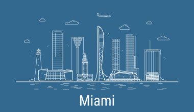 Miami Şehri, tüm ünlü binaların olduğu Line Art Vector illüstrasyonu. Showplace ile Linear Banner. Modern binaların kompozisyonu, şehir manzarası. Miami binaları kuruldu.