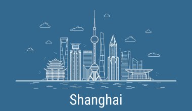 Şangay Vektör Şehri. Hepsi Şangay 'ın ünlü binaları. Çizgi sanatı tarzı. Skyline.