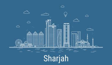 Sharjah şehir çizgisi sanat vektörü illüstrasyonu ve tüm ünlü binalar. Şehir manzarası.