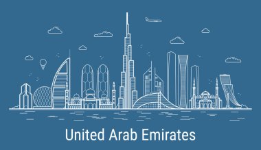 Modern Birleşik Arap Emirlikleri, tüm ünlü binalarla birlikte sanat vektörü illüstrasyonudur. Skyline.