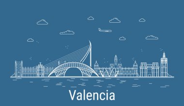Valencia City, Çizgi Sanat Vektörü illüstrasyonunda tüm ünlü binalar. Showplace ile Linear Banner. Modern şehir manzarasının kompozisyonu. Valencia binaları kuruldu..