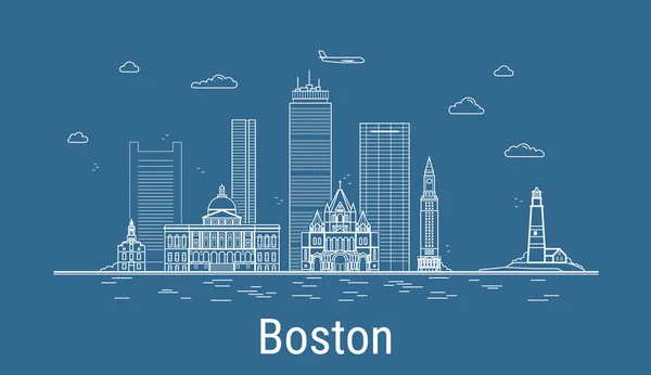 Boston City Line Art Ilustración Vectorial Con Todos Los Edificios — Vector de stock