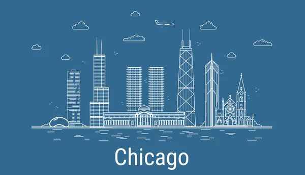 Chicago City Line Art Ilustración Vectorial Con Todas Las Torres — Vector de stock