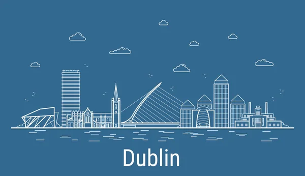 Dublin Miasto Line Art Vector Ilustracja Wszystkimi Słynnymi Wieżami Liniowy — Wektor stockowy