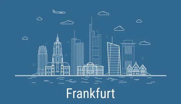 Frankfurt şehri, tüm ünlü binaların olduğu Çizgi Sanat Vektörü illüstrasyonu. Showplace ile Linear Banner. Modern şehir manzarasının kompozisyonu. Frankfurt binaları kuruldu.