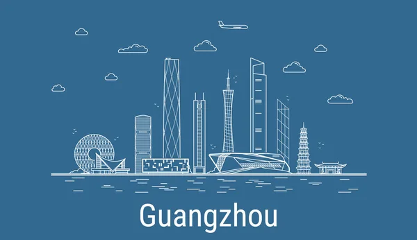 Guangzhou şehri, Çizgi Sanat Vektörü illüstrasyonu ve tüm ünlü binalar. Showplace ile Linear Banner. Modern şehir manzarasının kompozisyonu. Guangzhou binaları kuruldu..