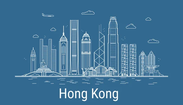 Hong Kong şehir çizgisi sanat vektörü. Tüm ünlü binaların resimleri. Şehir manzarası.
