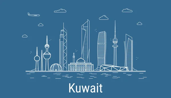 Kuwait Ciudad Line Art Vector Ilustración Con Todos Los Edificios — Vector de stock