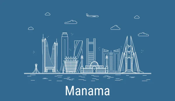 Manama City Line Art Ilustración Vectorial Con Todos Los Edificios — Vector de stock