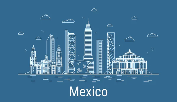 Mexico City, Tüm ünlü kuleleri olan Line Art Vector illüstrasyonu. Showplace, gökdelenler ve otelleri olan doğrusal bayrak. Modern binaların kompozisyonu, şehir manzarası. Meksika binaları kuruldu.