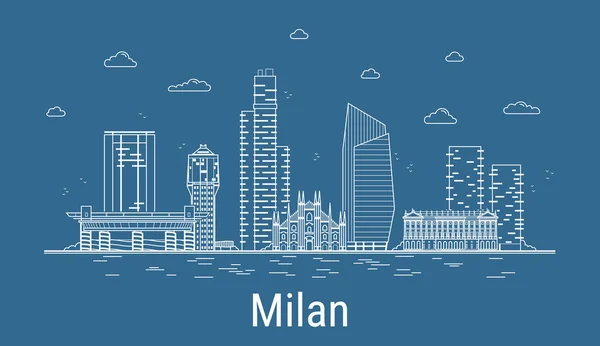 Milan şehri, tüm ünlü kuleleri olan Line Art Vector illüstrasyonu. Showplace ile Linear Banner. Modern binaların kompozisyonu, şehir manzarası. Milan binaları kuruldu.