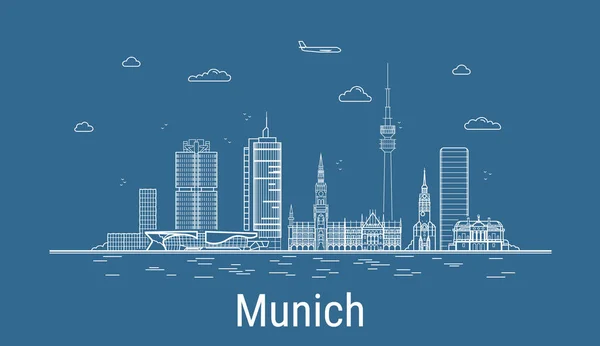 Munich City Line Art Ilustración Vectorial Con Todos Los Edificios — Vector de stock