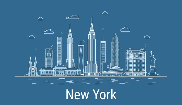 Nueva York Línea Arte Ilustración Vector Ciudad Con Edificios Famosos — Vector de stock