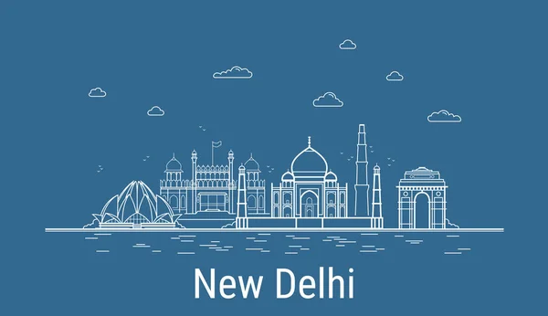 Yeni Delhi şehri, tüm ünlü binalarla Çizgi Sanat Vektörü illüstrasyonu. Showplace ile Linear Banner. Modern şehir manzarasının kompozisyonu. Yeni Delhi binaları kuruldu.