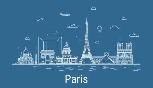 Ciudad París Line Art Ilustración Vectorial Con Todos Los Edificios — Vector de stock