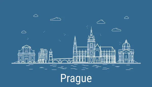 Prag şehri, tüm ünlü binaların olduğu Çizgi Sanat Vektörü illüstrasyonu. Showplace ile Linear Banner. Modern şehir manzarasının kompozisyonu. Prag binaları kuruldu.