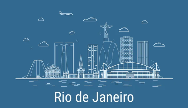 Rio de Janeiro şehri, Çizgi Sanat Vektörü illüstrasyonu ve tüm ünlü binalar. Showplace ile Linear Banner. Modern şehir manzarasının kompozisyonu. Rio de Janeiro binaları kuruldu.