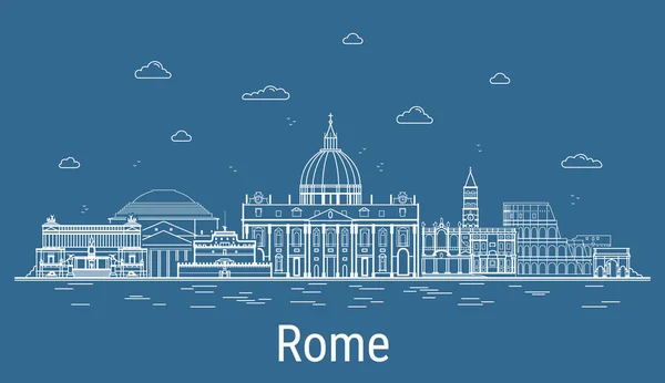 Roma şehri, tüm ünlü binaların olduğu Çizgi Sanat Vektörü illüstrasyonu. Showplace, gökdelenler ve otelleri olan doğrusal bayrak. Modern binaların kompozisyonu, şehir manzarası. Roma binaları kuruldu.